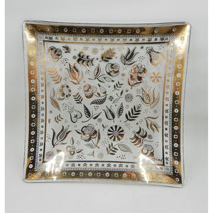 Georges Briard Glass Gold Persian Garden Square Plate Bowl 8 Inch